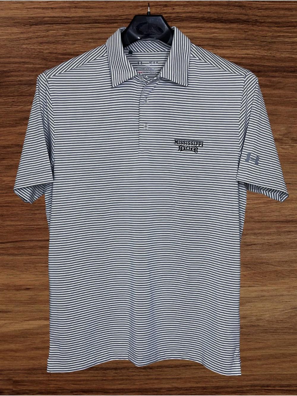 Under Armour Mississippi State Striped Polo Shirt - Gray & White. Medium